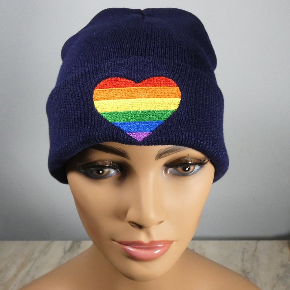 Rainbow Heart Navy Knit Beanie